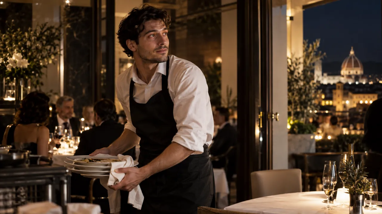 Cameriere in un ristorante elegante con vista sul Duomo di Firenze: porta un piatto e guarda verso i tavoli degli ospiti