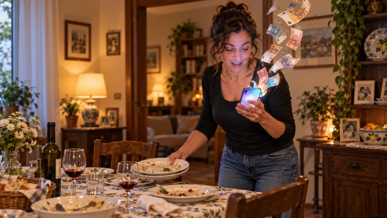 Donna che sparecchia la tavola di casa mentre dallo smartphone che tiene in mano volano via delle banconote