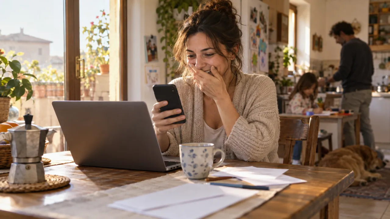 Donna sorridente al tavolo di casa guarda lo smartphone accanto al portatile, mentre alle sue spalle la famiglia e in cucina