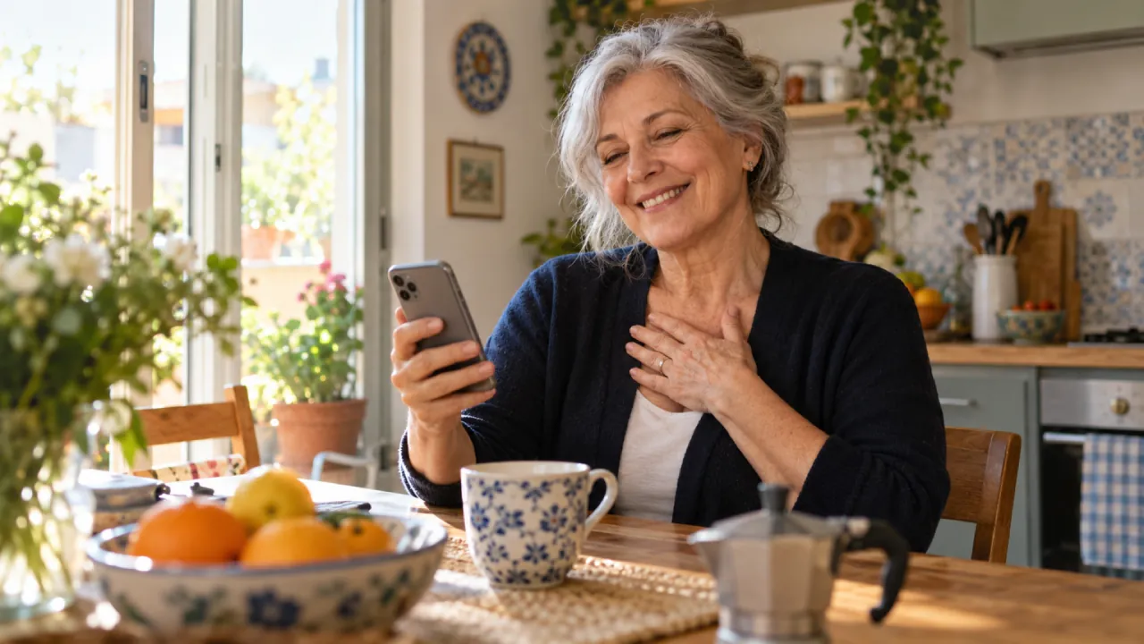 Signora con i capelli bianchi, sorridente e commossa, legge qualcosa sullo smartphone al tavolo della sua cucina
